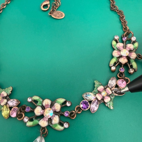 Cookie Lee Enamel Floral Green  and Pink  and crystals Necklace - Picture 2 of 8